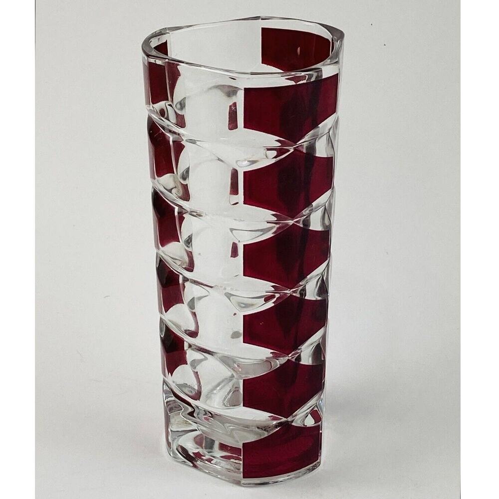 Vtg MCM Triangle Art Glass Vase Windsor Rubis Cranberry Faceted JG Durand France